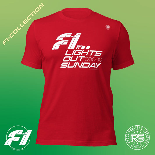 F1 Lights Out Sunday Unisex T-Shirt in Red - Formula 1 Fan Design by Ruben Santiago