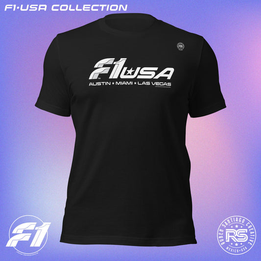 F1 USA Venues Unisex T-Shirt in Vintage Black - Formula 1 USA Gearhead Design by Ruben Santiago