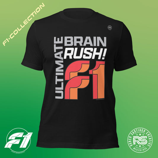 F1 Ultimate Brain Rush Unisex T-Shirt in Vintage Black - Formula 1 Gearhead Design by Ruben Santiago