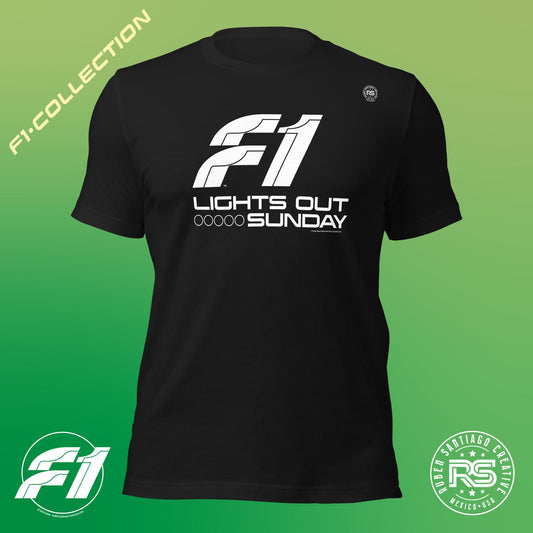 F1 Lights Out Sunday Unisex T-Shirt in Vintage Black - Formula 1 Fan Design by Ruben Santiago