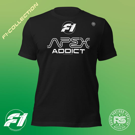 F1 Apex Addict Unisex T-Shirt in Vintage Black - Formula 1 Gearhead Design by Ruben Santiago