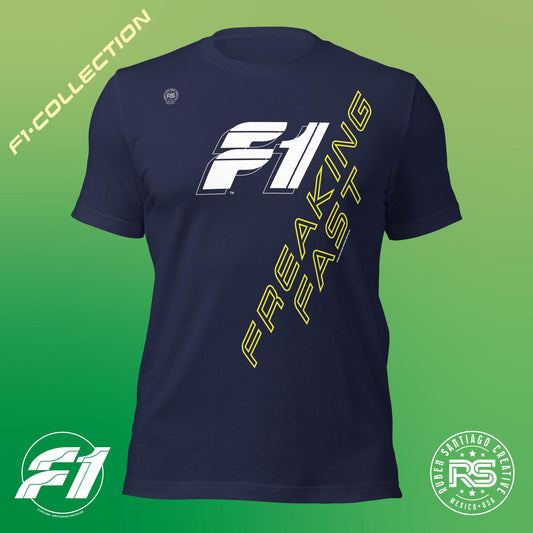 F1 Freaking Fast Unisex T-Shirt in Navy - Formula 1 Gearhead Design by Ruben Santiago