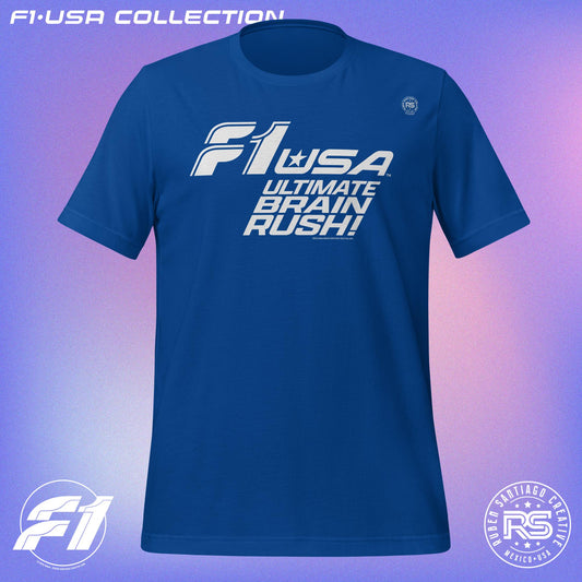 F1 Ultimate Brain Rush Unisex T-Shirt in True Royal Blue - Formula 1 USA Gearhead Design by Ruben Santiago