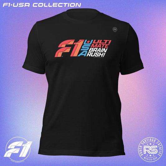 F1 Ultimate Brain Rush Unisex T-Shirt in Vintage Black - Formula 1 USA Fan Design by Ruben Santiago
