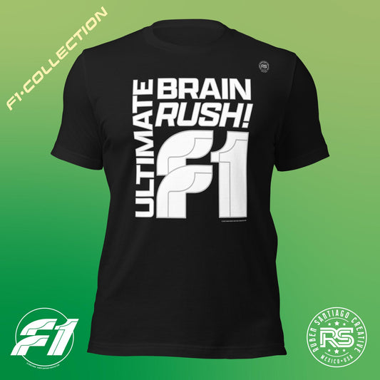 F1 Ultimate Brain Rush Unisex T-Shirt in Vintage Black - Formula 1 Gearhead Design by Ruben Santiago